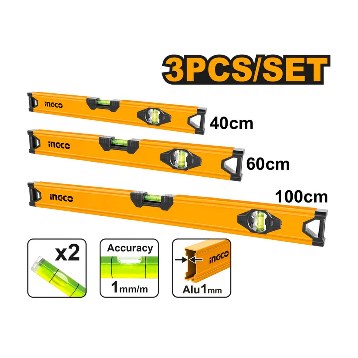 INGCO TOOLS - SET DE 3 NIVELES BURBUJA ALUMINIO 40 60 100 INGCO + GUANTES