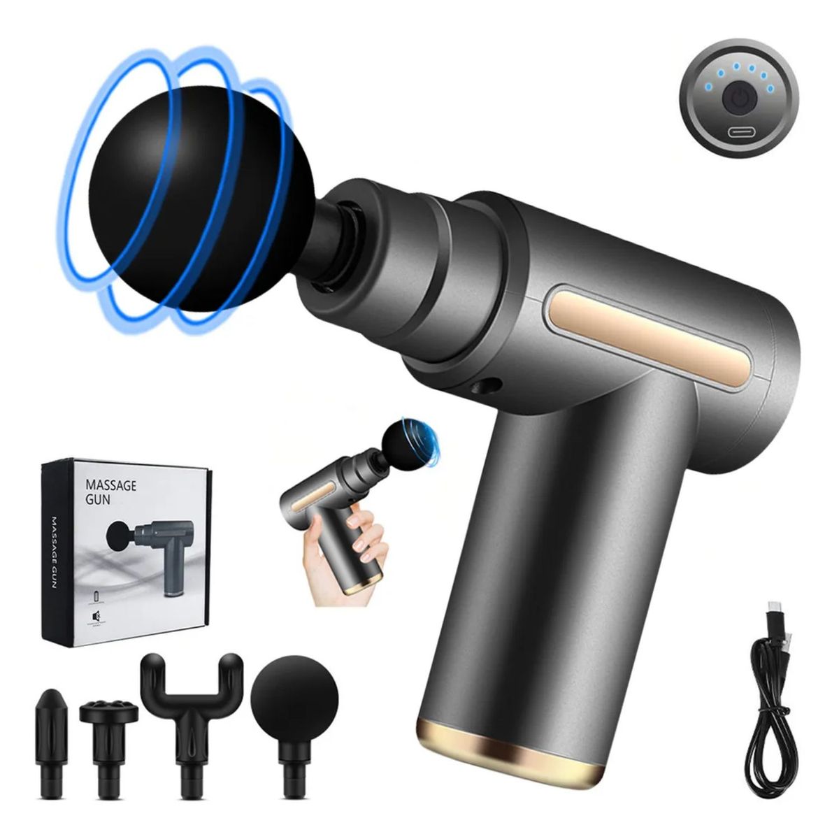 MASSAGE GUNS - Pistola de Masaje Muscular Gris 6 Modos y 4 Cabezales