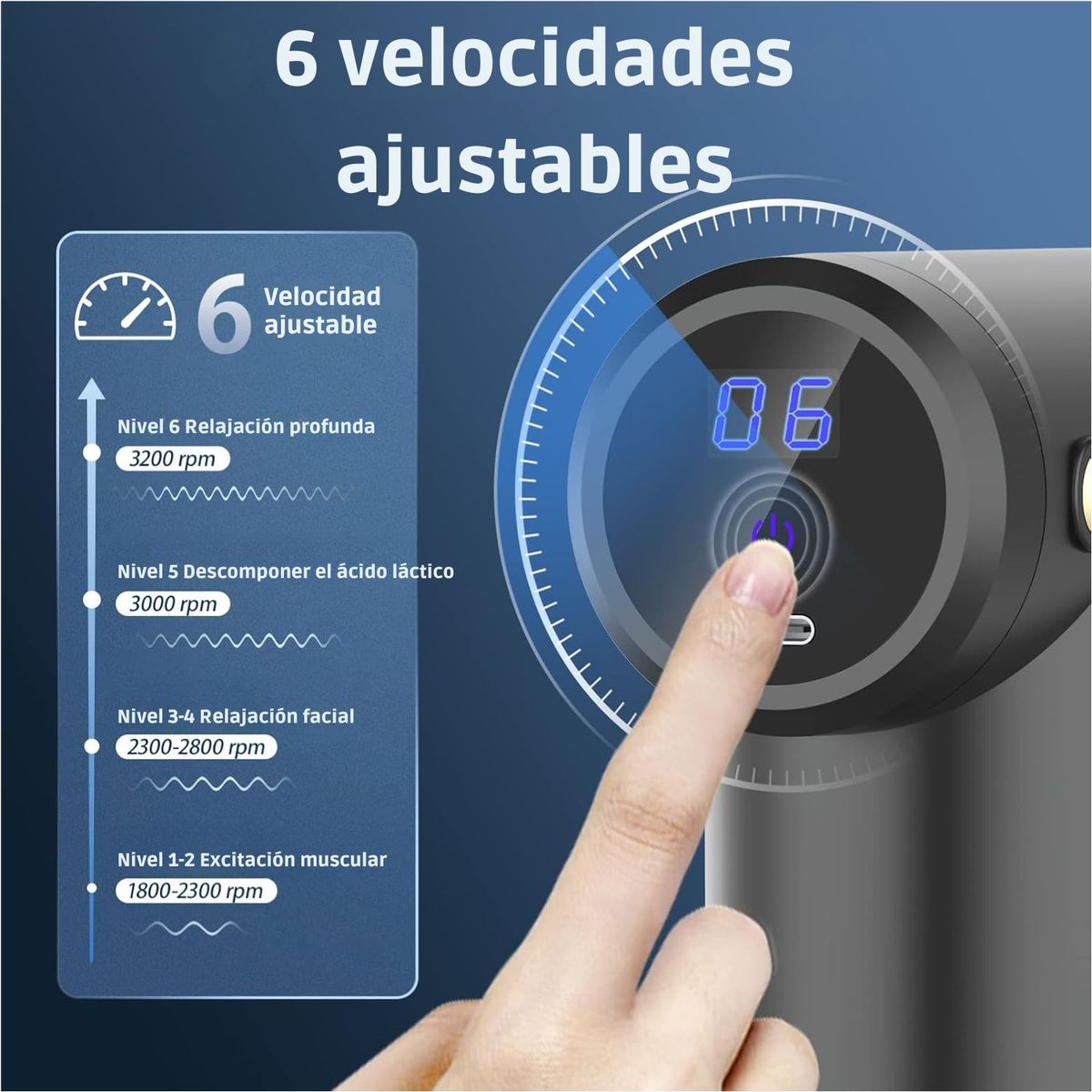 MASSAGE GUNS - Pistola de Masaje Muscular Gris 6 Modos y 4 Cabezales