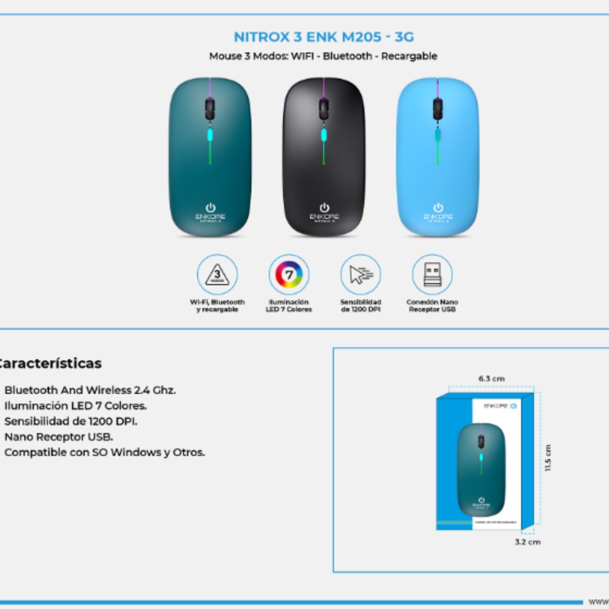 ENKORE - Mouse Inalambrico NITROX 3 GREEN - ENK M205 - 3G 3 Modos ENKORE