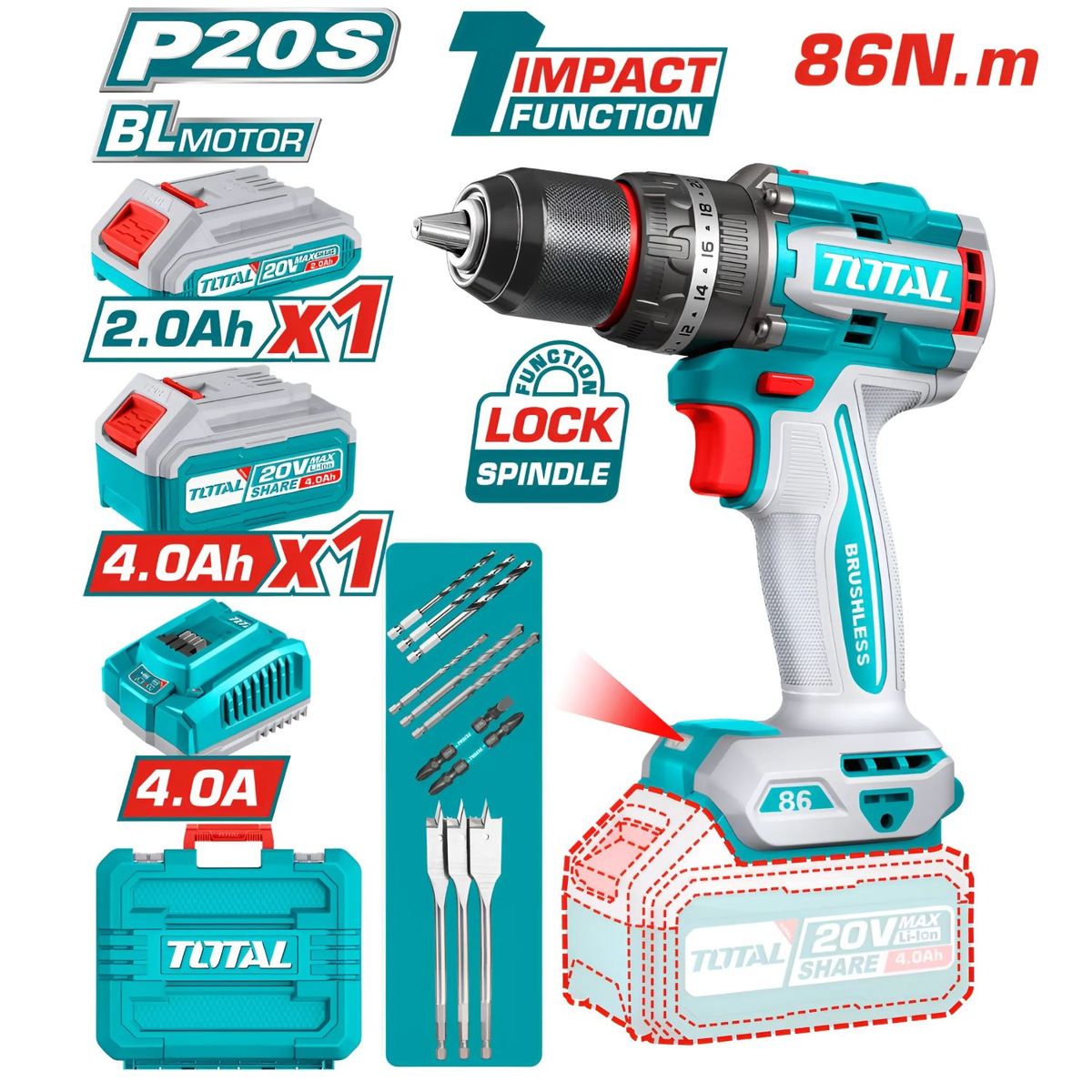 TOTAL TOOLS - Taladro Atornillador Percutor De 86Nm BL De 20v Total Chuck Metálico De 13mm - TIDLI20868