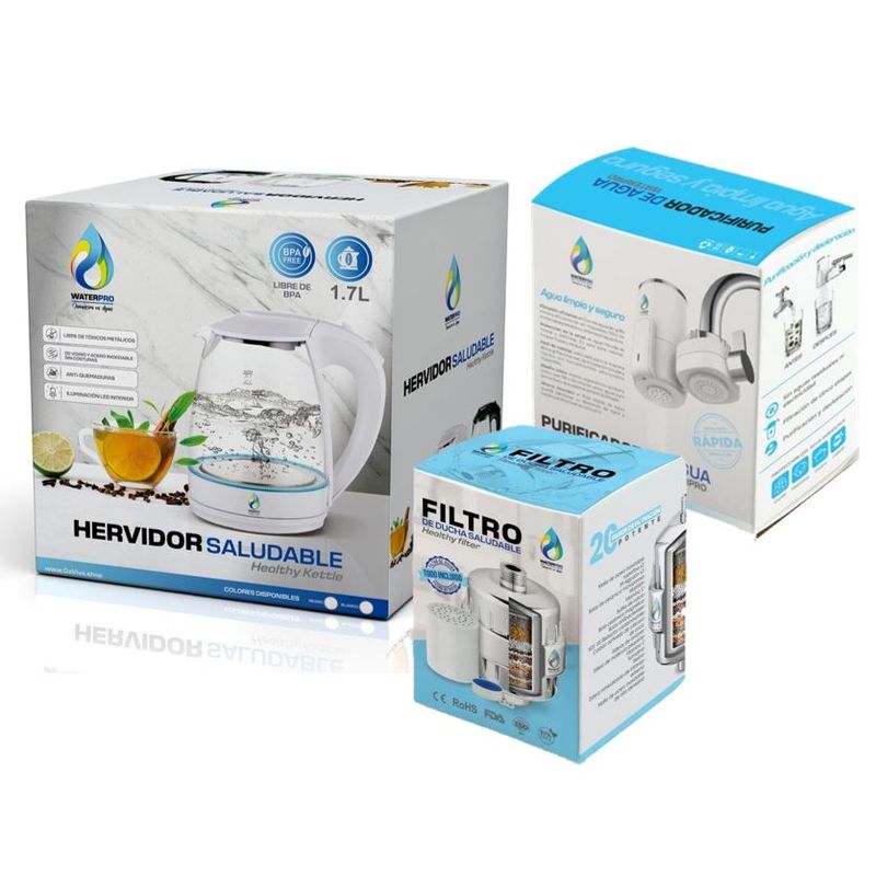 WATERLIFE - Filtro para cocina+ Filtro para ducha+ Hervidor blanco