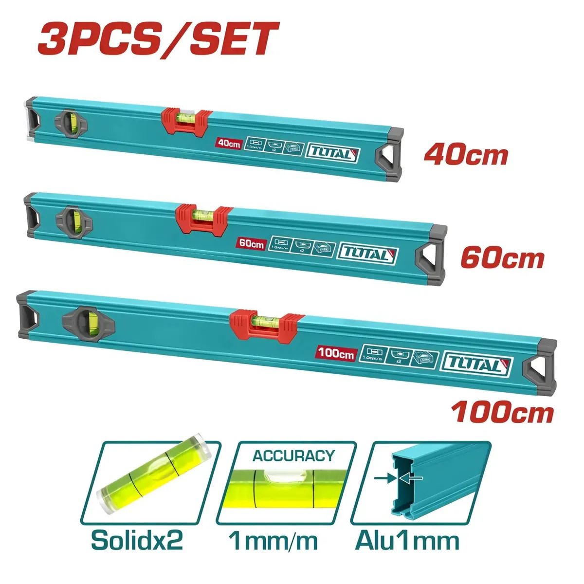 TOTAL TOOLS - NIVEL DE MANO JUEGO X 3 PIEZAS 40CM/60CM/100CM-THT10403