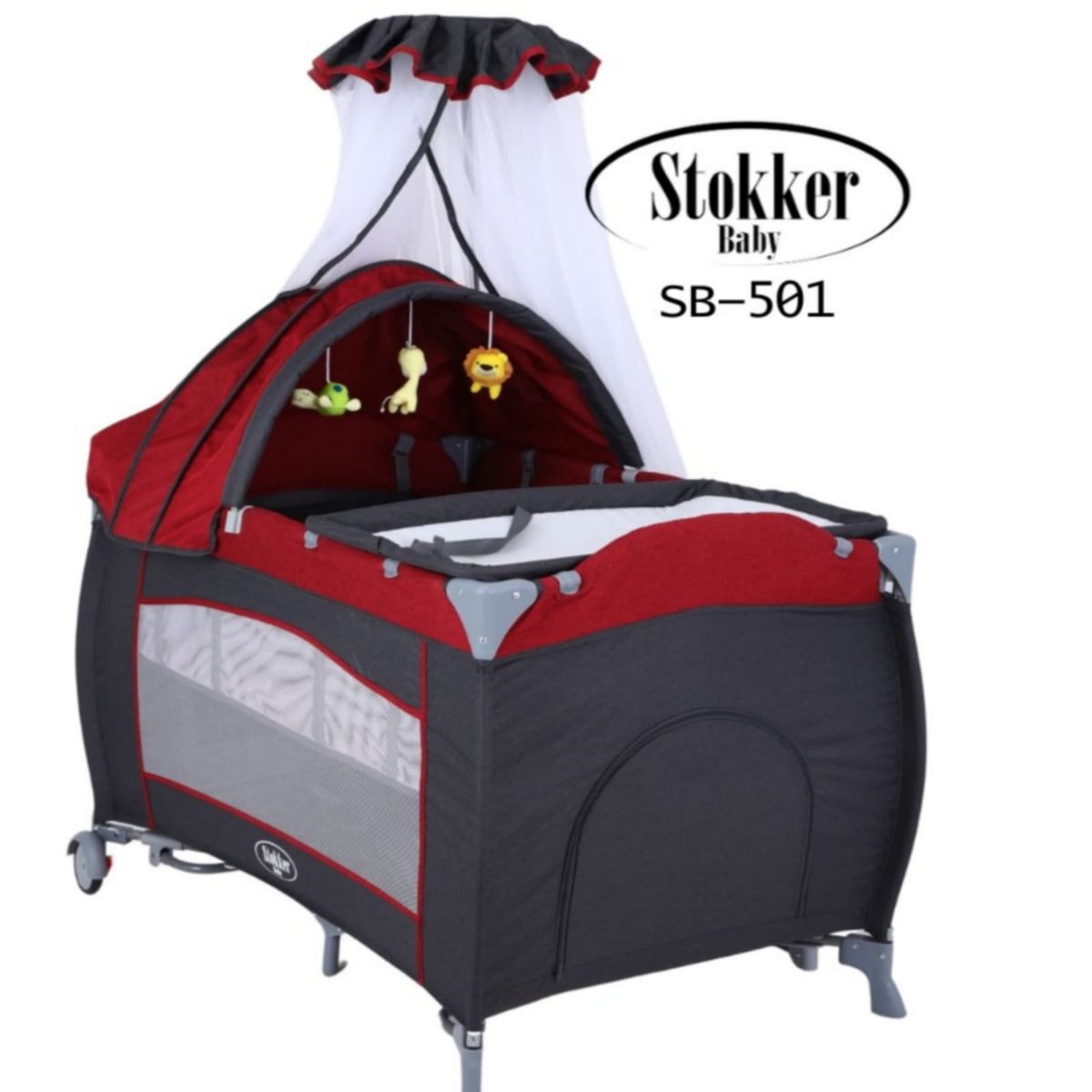 STOKKER BABY - Cuna Corral 2 en 1 + Tul Viena Stokker ROJO
