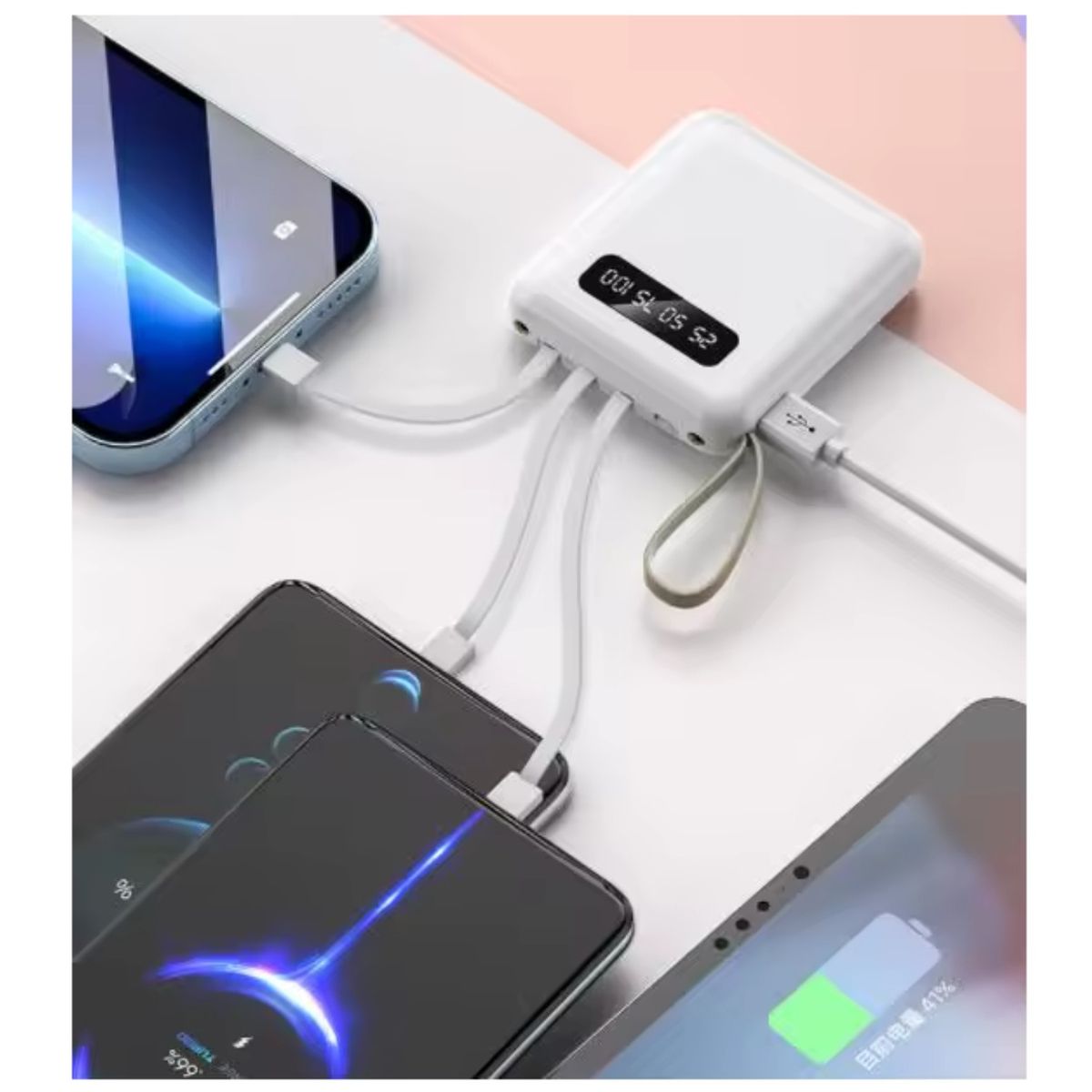 GENERICO - Mini Power Bank Batería Portátil con Linterna 10000mah 4 Cables