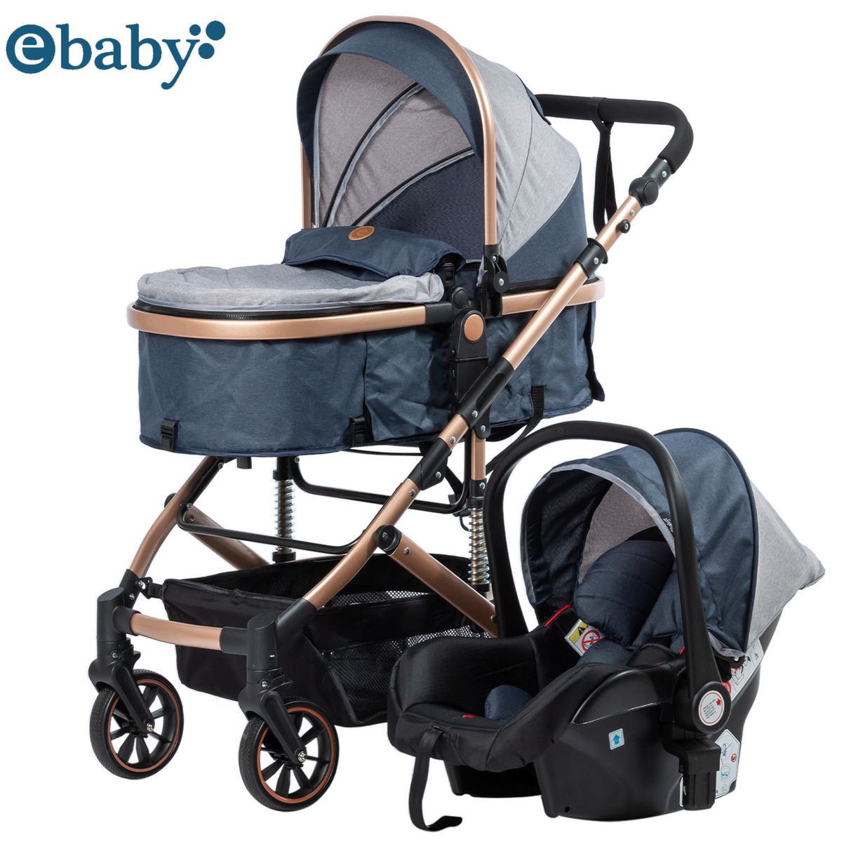 EBABY - Coche Cuna Moisés de Lujo «COMFORT» Con Porta Bebé Blue