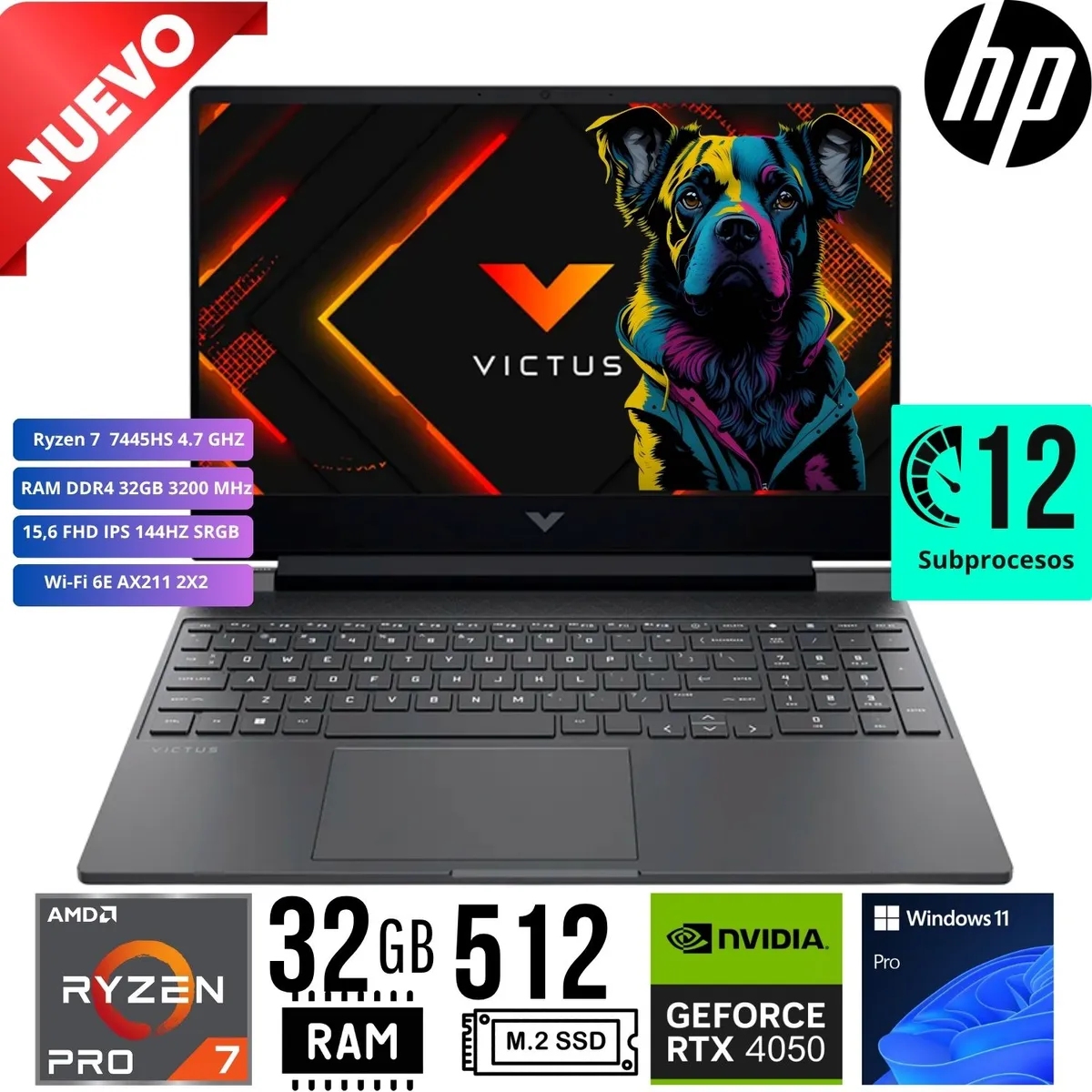 HP - LAPTOP GAMING HP VICTUS 15-FB3022LA 15.6" FHD 144Hz R7 7445HS RAM 32GB SSD 512GB RTX 4050 6GB W11PRO