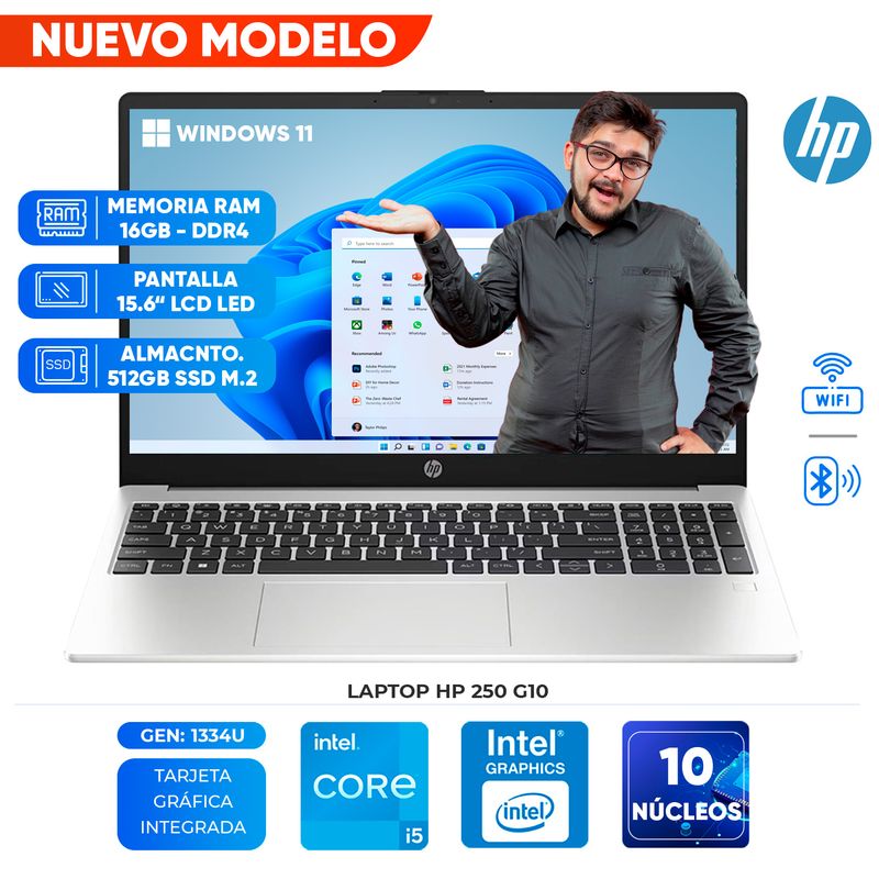 HP - Laptop HP 250 G10, Intel Core i5 1334U, 16GB DDR4, 512GB SSD, 15.6" LCD LED SVA HD