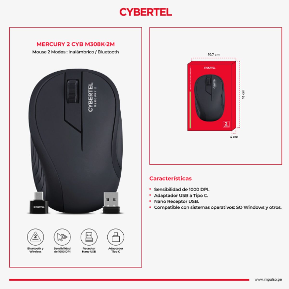 CYBERTEL - Mouse MERCURY 2 CHARCOAL CYB M308K-2M WIFI CYBERTEL