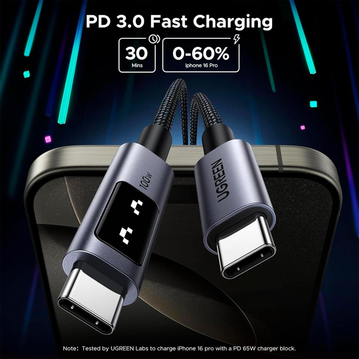 UGREEN - Cable Ugreen Uno USB-C A USB-C PD Rapida Led 100W 2 Metros L509 35512