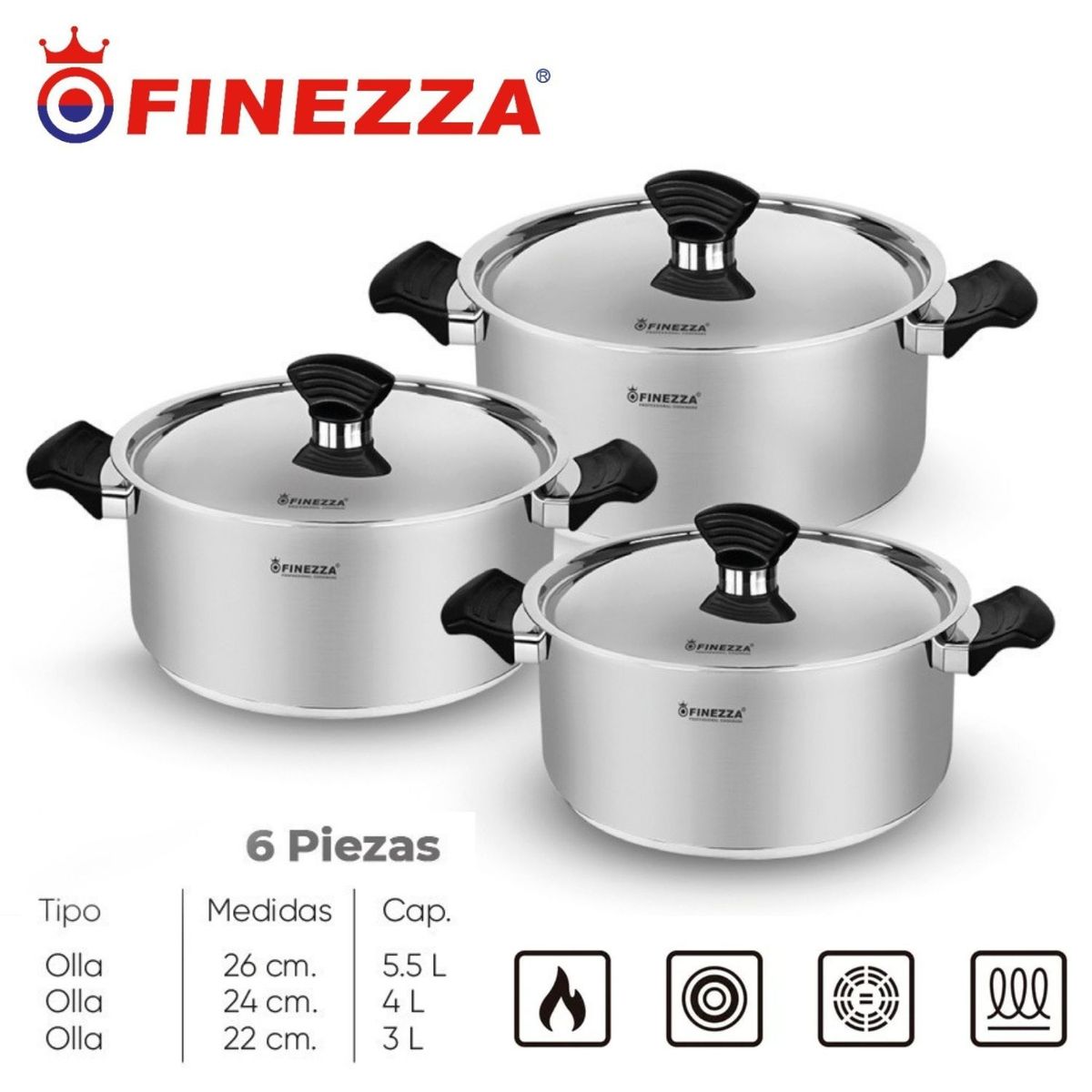 FINEZZA - Juego de ollas Finezza Daisy FZ 1042TS Acero Inox 3, 4 y 5,5 Litros
