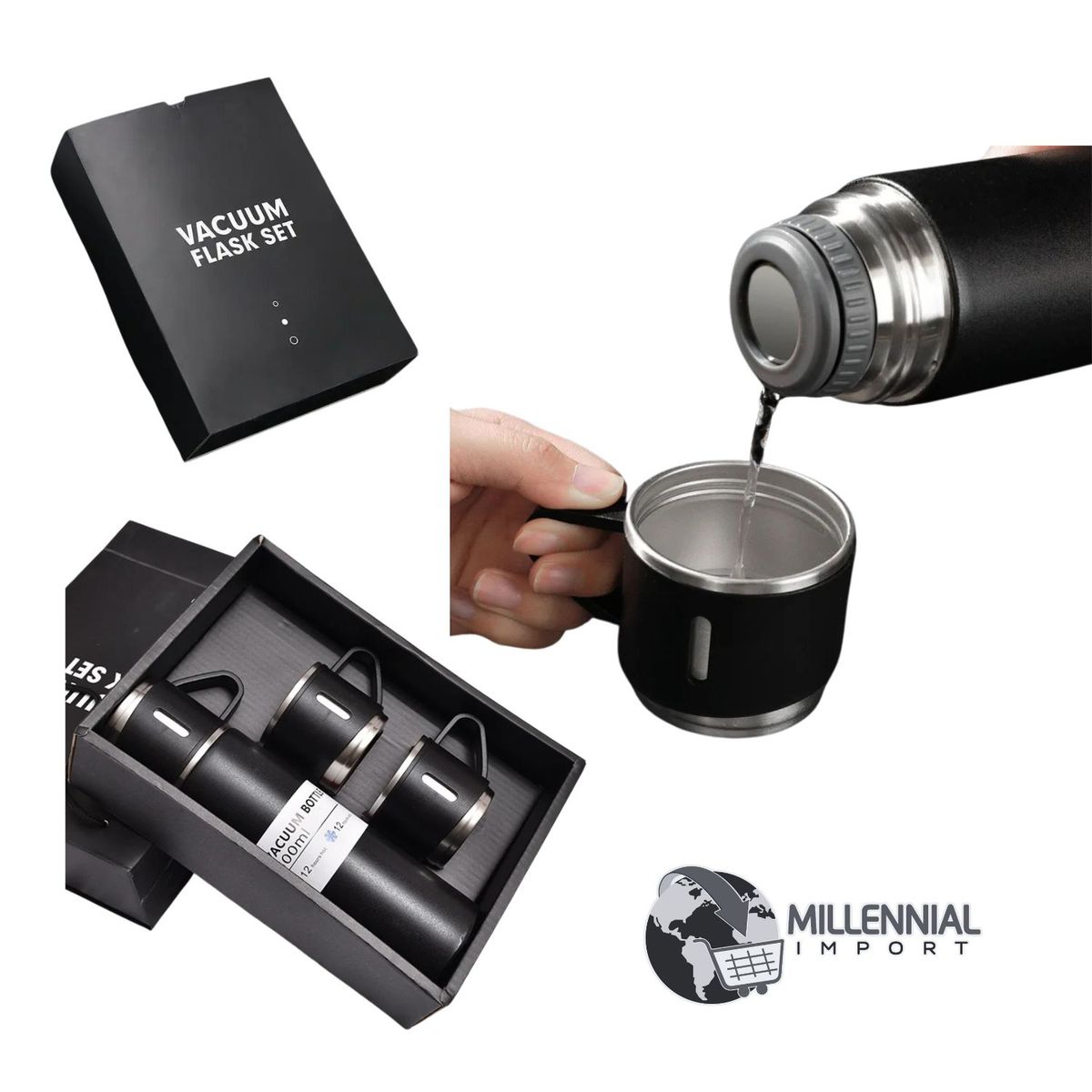 GENERICO - Set de 4 Pz Termo de Acero Inoxidable con Tazas Regalo color Aleatorio