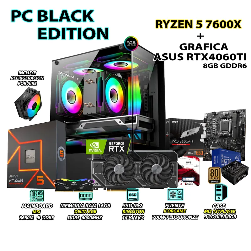 RYZEN - Computadora Gamer Pro Ryzen 5 7600X RAM 16GB DDR5 SSD 1TB GRAFICA RTX 4060TI 8GB