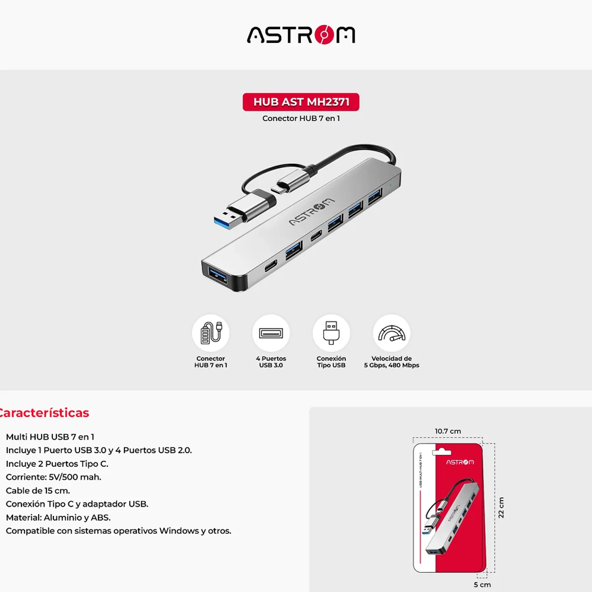 ASTROM - Hub 7 EN 1 entrada C y USB  ASTROM MH2371
