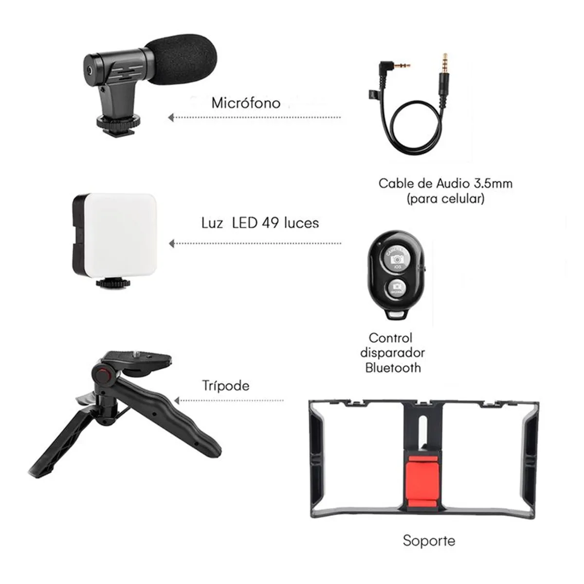 SEISA - KIT ESTABILIZADOR DE CELULAR JAULA TRIPODE MICROFONO LUZ Y CONTROL BT