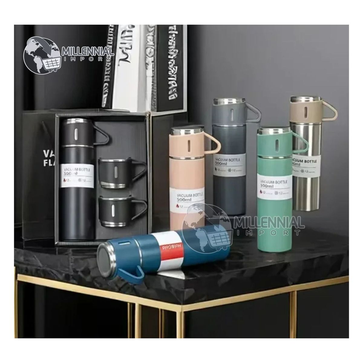 GENERICO - Set de 4 Pz Termo de Acero Inoxidable con Tazas Regalo color Aleatorio