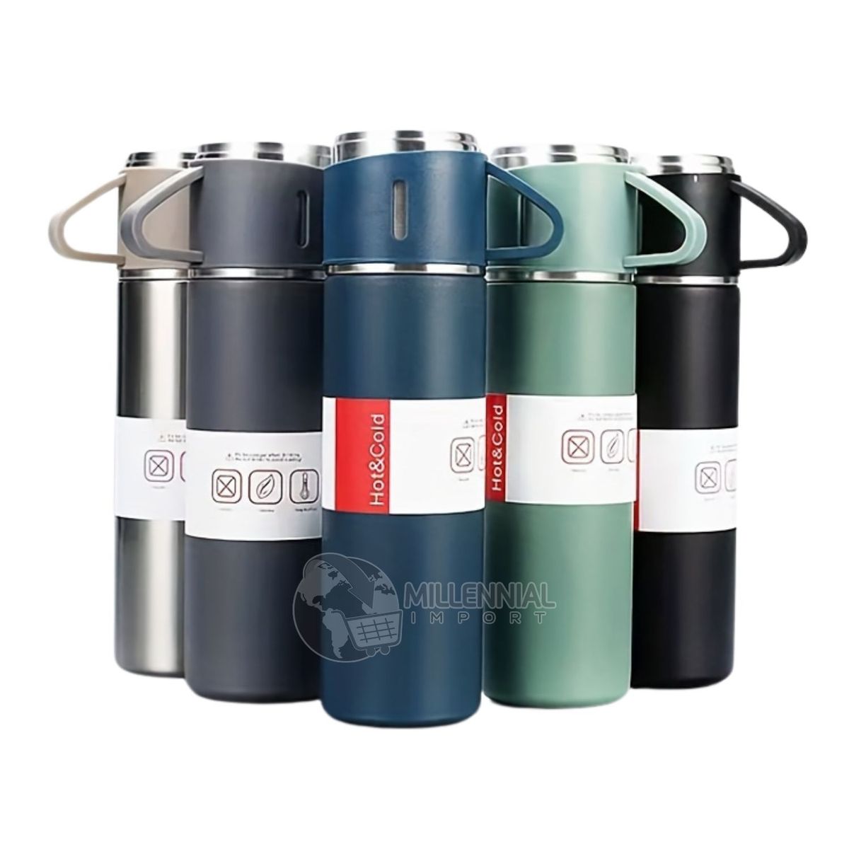 GENERICO - Set de 4 Pz Termo de Acero Inoxidable con Tazas Regalo color Aleatorio