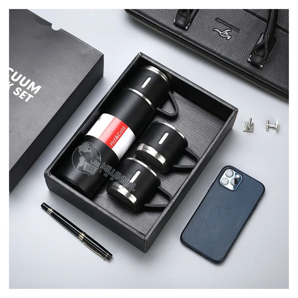 GENERICO - Termo con 3 Tazas de 500 ml con Botón Push  para Oficina color Hombre