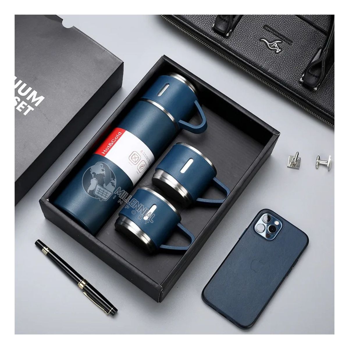 GENERICO - Termo con 3 Tazas de 500 ml con Botón Push  para Oficina color Hombre