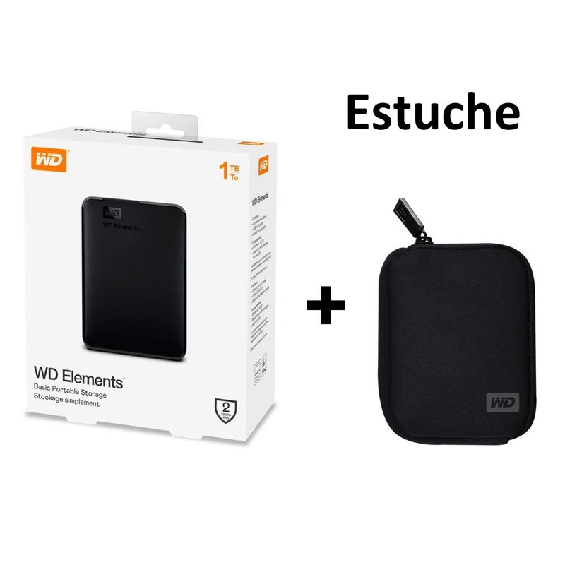 WESTERN DIGITAL - Disco Duro Externo 1 TB Western Digital Elements + Estuche Funda wd