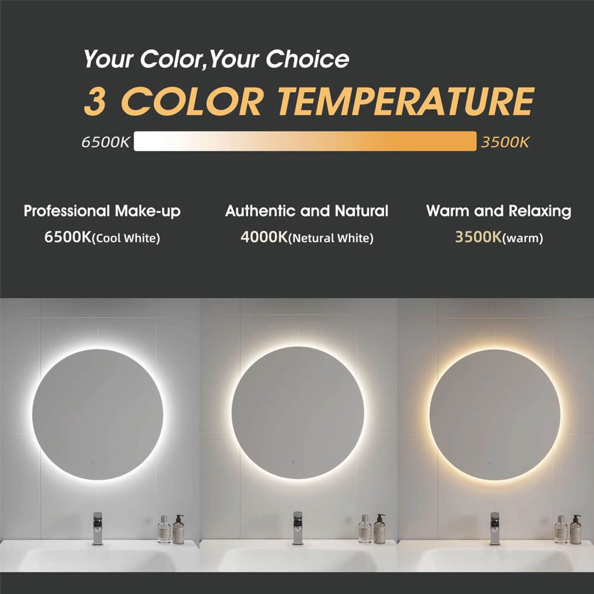 GENERICO - Espejo led tres tonos circular 70cm