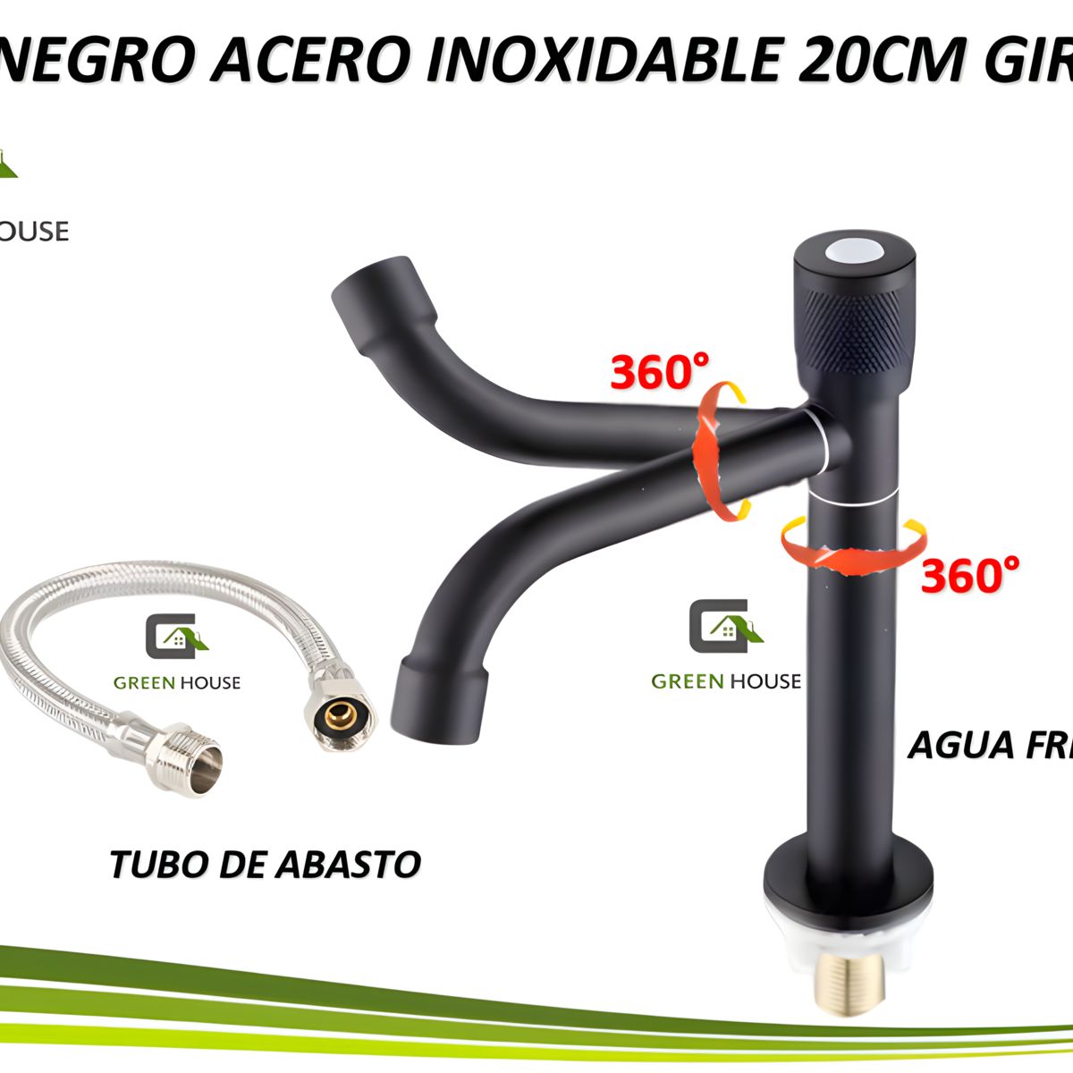 GREEN HOUSE - GRIFERIA NEGRO ACERO INOXIDABLE PESADO PICO GIRATORIO 360° DE 20CM