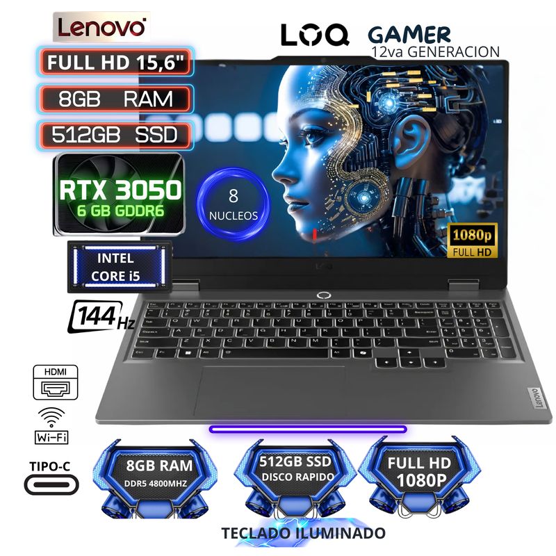 LENOVO - Laptop Gamer Lenovo LOQ de 156 Intel Core i5-12450HX NVIDIA GeForce RTX 3050 8GB RAM 512GB