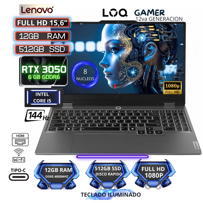 LENOVO - Laptop Gamer Lenovo 15.6" Intel Core i5-12450HX 12GB 512GB SSD RTX 3050 6GB FHD LOQ
