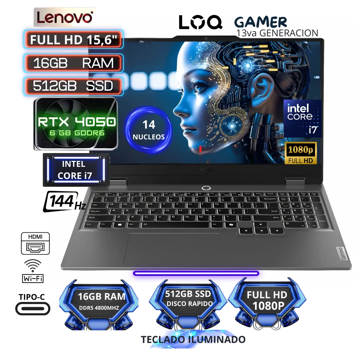 LENOVO - LAPTOP LENOVO LOQ  INTEL CORE I7, RAM 16GB SSD 512GB - PANTALLA 15,6  NVIDIA GEFORCE RTX 4050 6GB