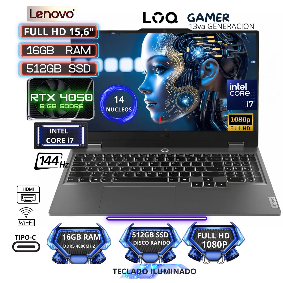 LENOVO - LAPTOP LENOVO LOQ  INTEL CORE I7, RAM 16GB SSD 512GB - PANTALLA 15,6  NVIDIA GEFORCE RTX 4050 6GB
