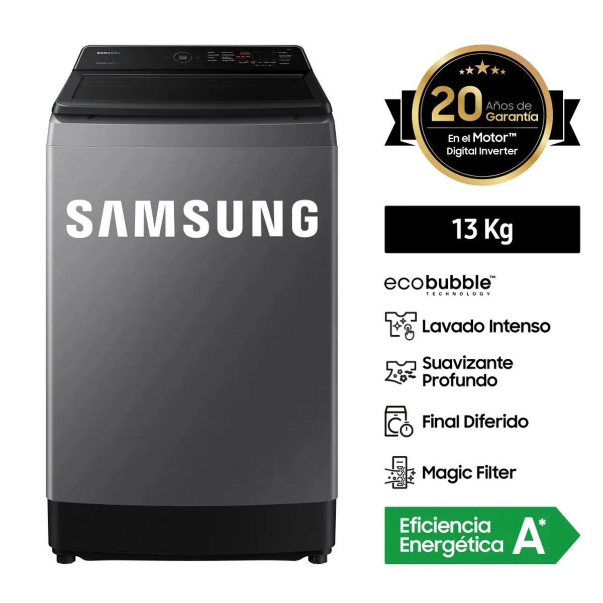 SAMSUNG - Lavadora SAMSUNG 13 Kg Carga Superior EcoBubble WA13CG5441BD Gris