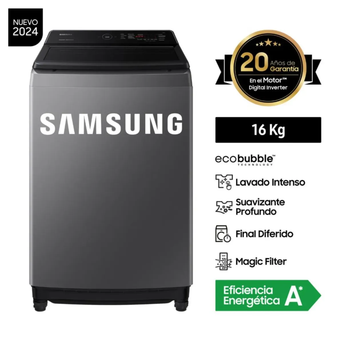 SAMSUNG - Lavadora Samsung 16Kg Digital Inverter WA16CG6441BDPE - Gris