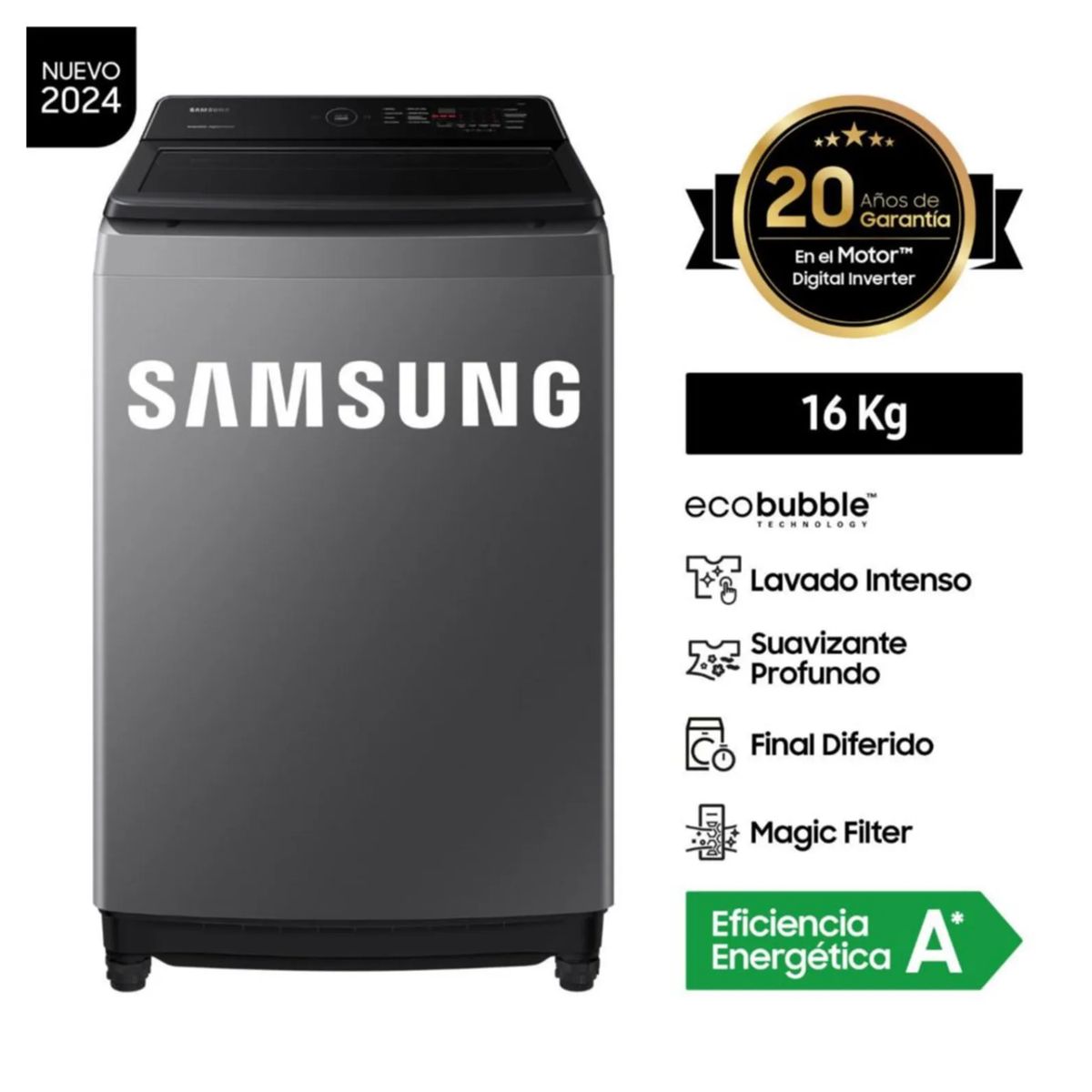 SAMSUNG - Lavadora Samsung 16Kg Digital Inverter WA16CG6441BDPE - Gris