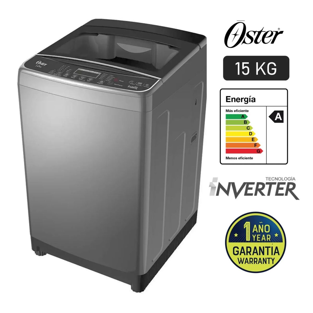 OSTER - Lavadora OSTER 15 Kg Carga Superior OS-PWSMD15WBSI Black Inox