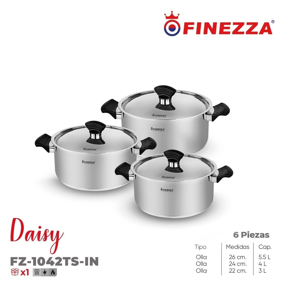 FINEZZA - Set de ollas de acero inoxidable FZ-1042TS-IN FINEZZA 6 PZAS