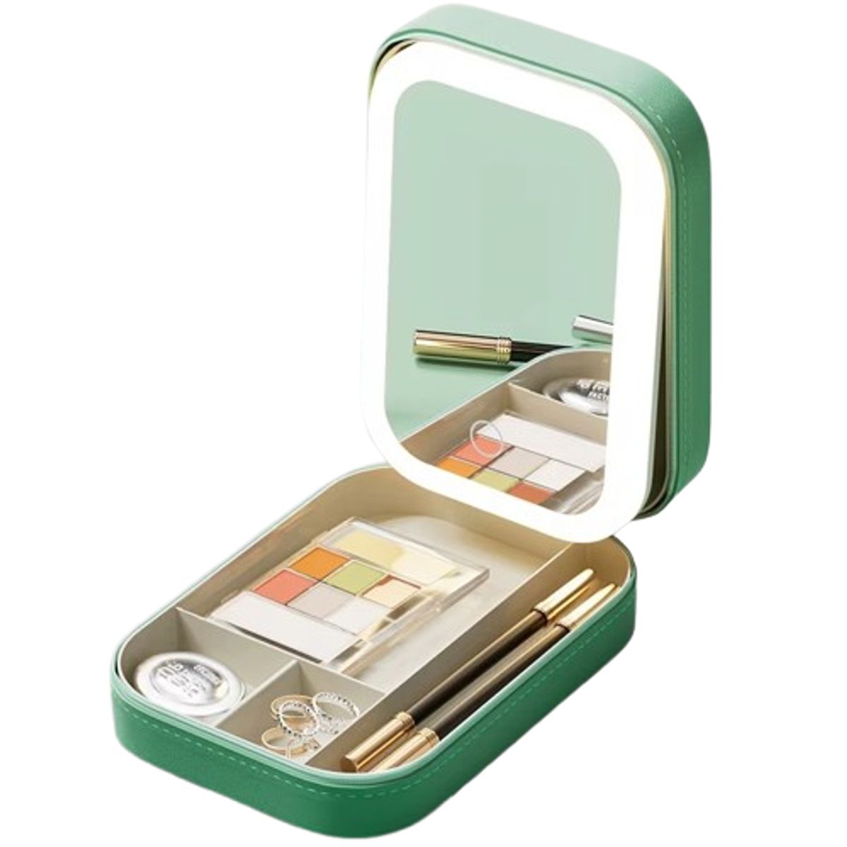 S/M - NECESER PORTA COSMETICO VERDE CON ESPEJO Y LUZ LED 3 TONOS RECARGABLE