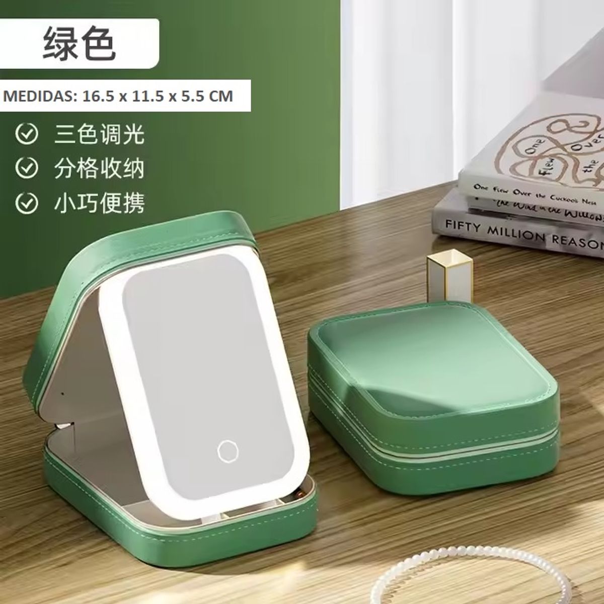 S/M - NECESER PORTA COSMETICO VERDE CON ESPEJO Y LUZ LED 3 TONOS RECARGABLE