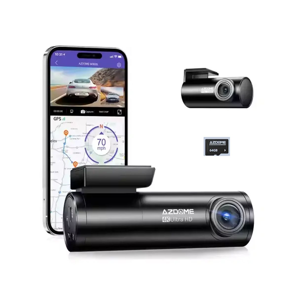 GENERICO - DASHCAM 4K AZDOME M300S  FRONTAL Y TRASERA PARA AUTO + MICRO SD 64 GB