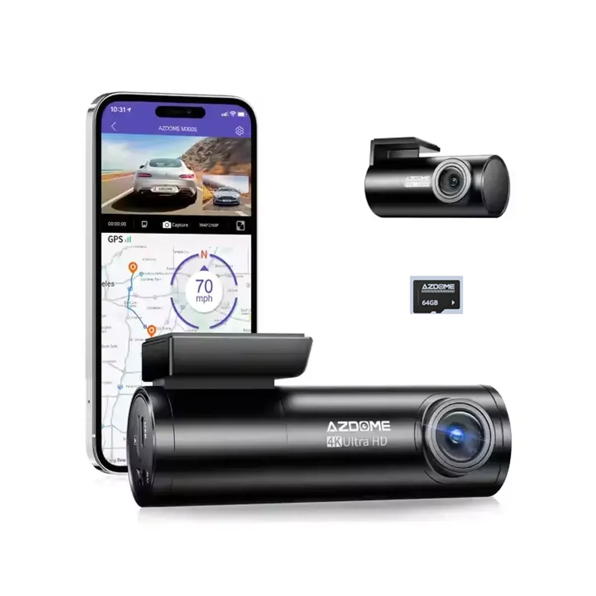 GENERICO - DASHCAM 4K AZDOME M300S  FRONTAL Y TRASERA PARA AUTO + MICRO SD 64 GB