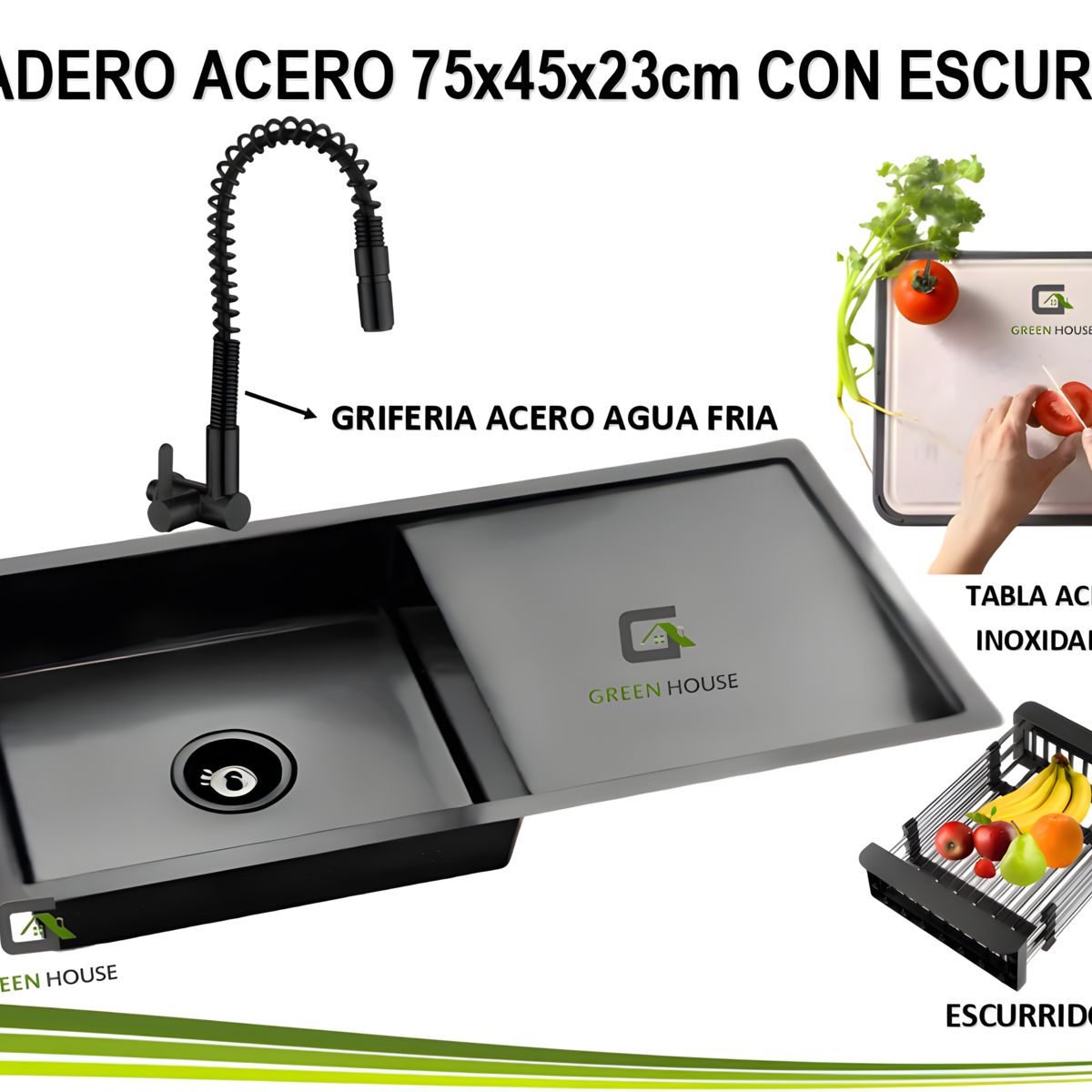 GENERICO - LAVADERO 75x45x23 cm ACERO CON ESCURRIDOR  + GRIFERIA RESORTE AGUA FRIA
