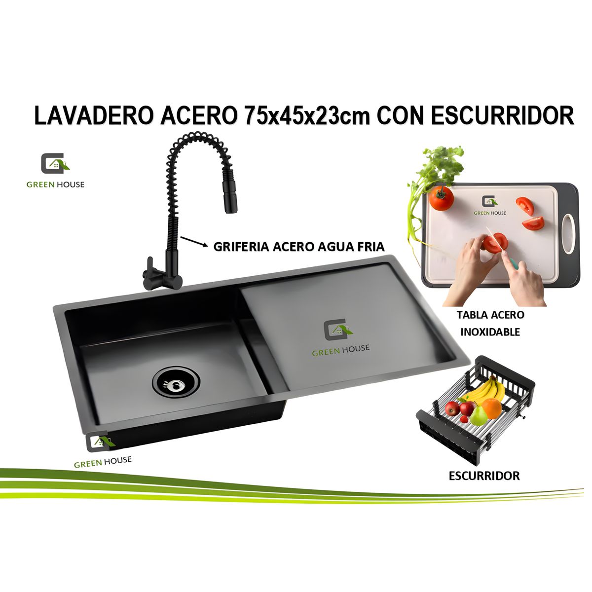 GENERICO - LAVADERO 75x45x23 cm ACERO CON ESCURRIDOR  + GRIFERIA RESORTE AGUA FRIA