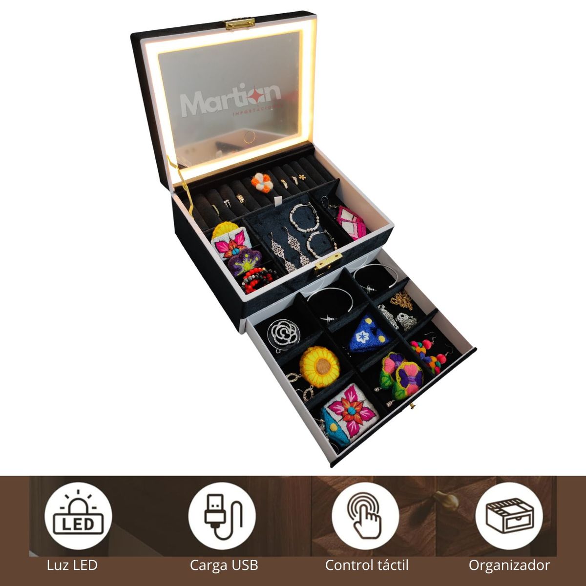 GENERICO - Joyero organizador con Espejo Led Negro