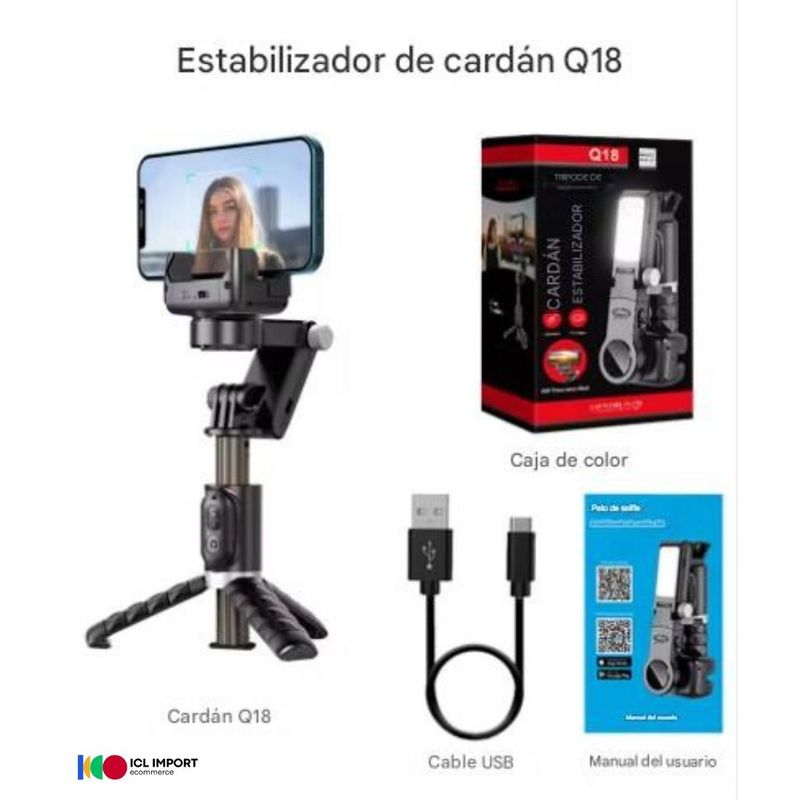 OEM - ESTABILIZADOR CARDÁN DE MANO Q18 ROTACIÓN 360° SELFIESTICK TRÍPODE