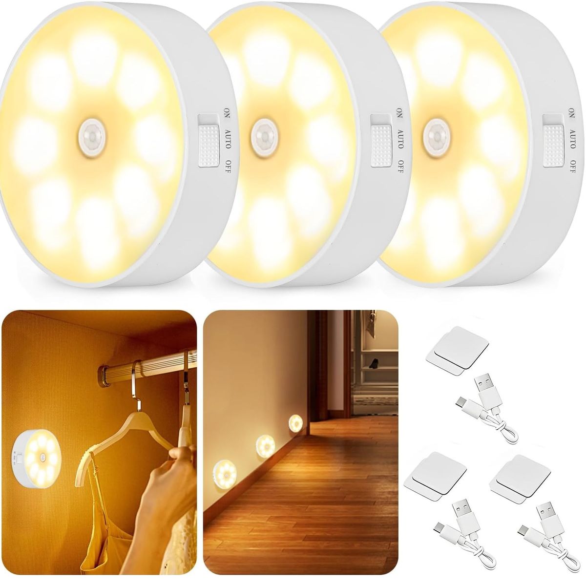 GENERICO - Luces con Sensor de Movimiento Recargable por USB Con Imán 3PCS