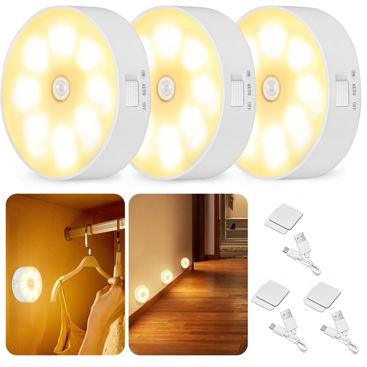 GENERICO - Luces con Sensor de Movimiento Recargable por USB Con Imán 3PCS