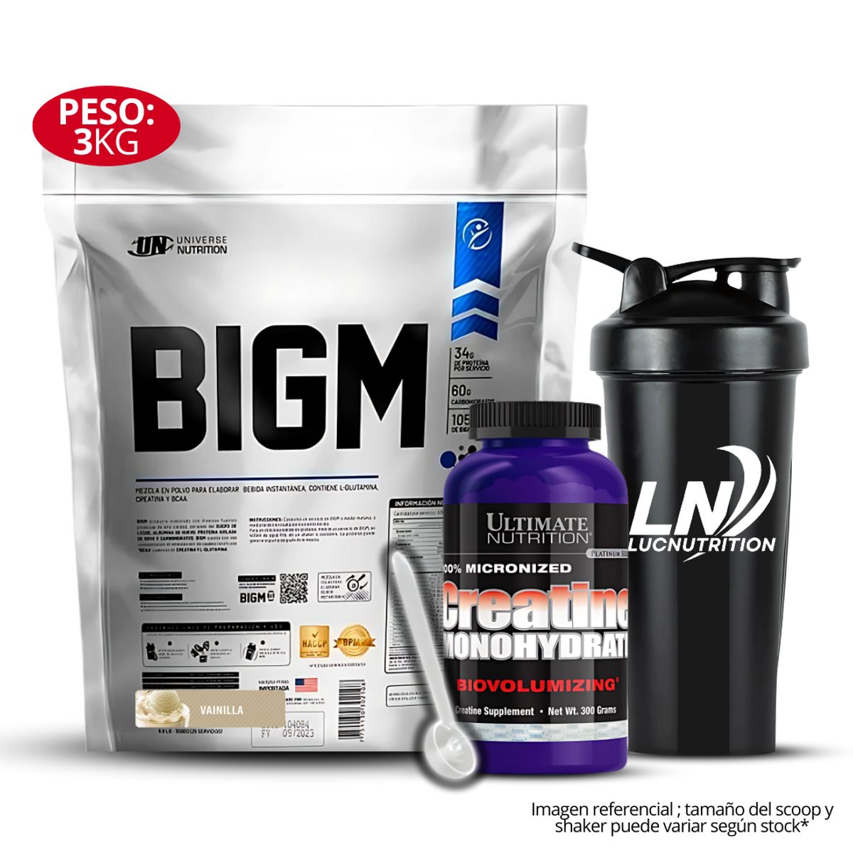 UNIVERSE NUTRITION - Bigm 3 kg Vainilla + Creatina Ultimate nutrition 300 gr Shaker y Scoop