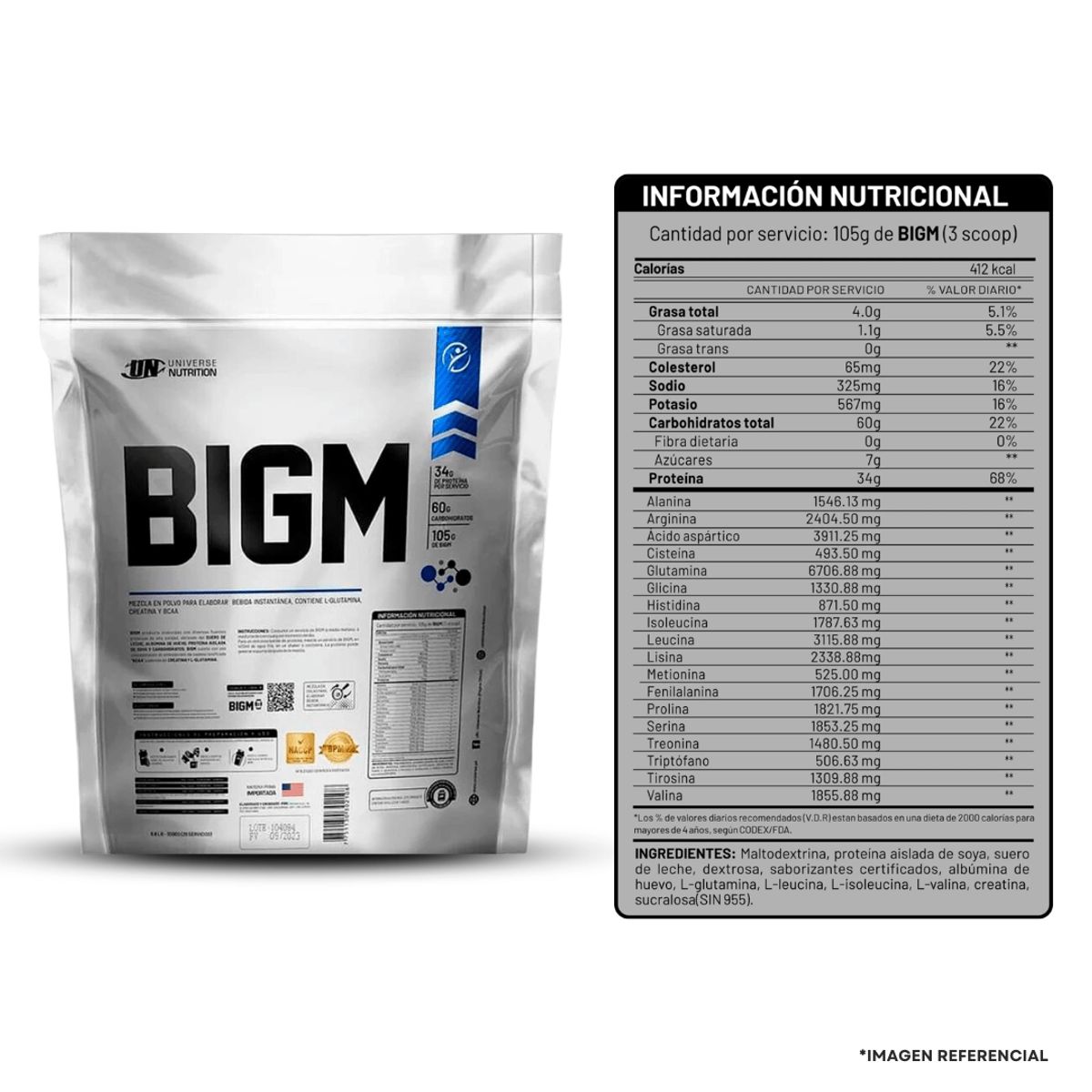 UNIVERSE NUTRITION - Bigm 3 kg Vainilla + Creatina Ultimate nutrition 300 gr Shaker y Scoop