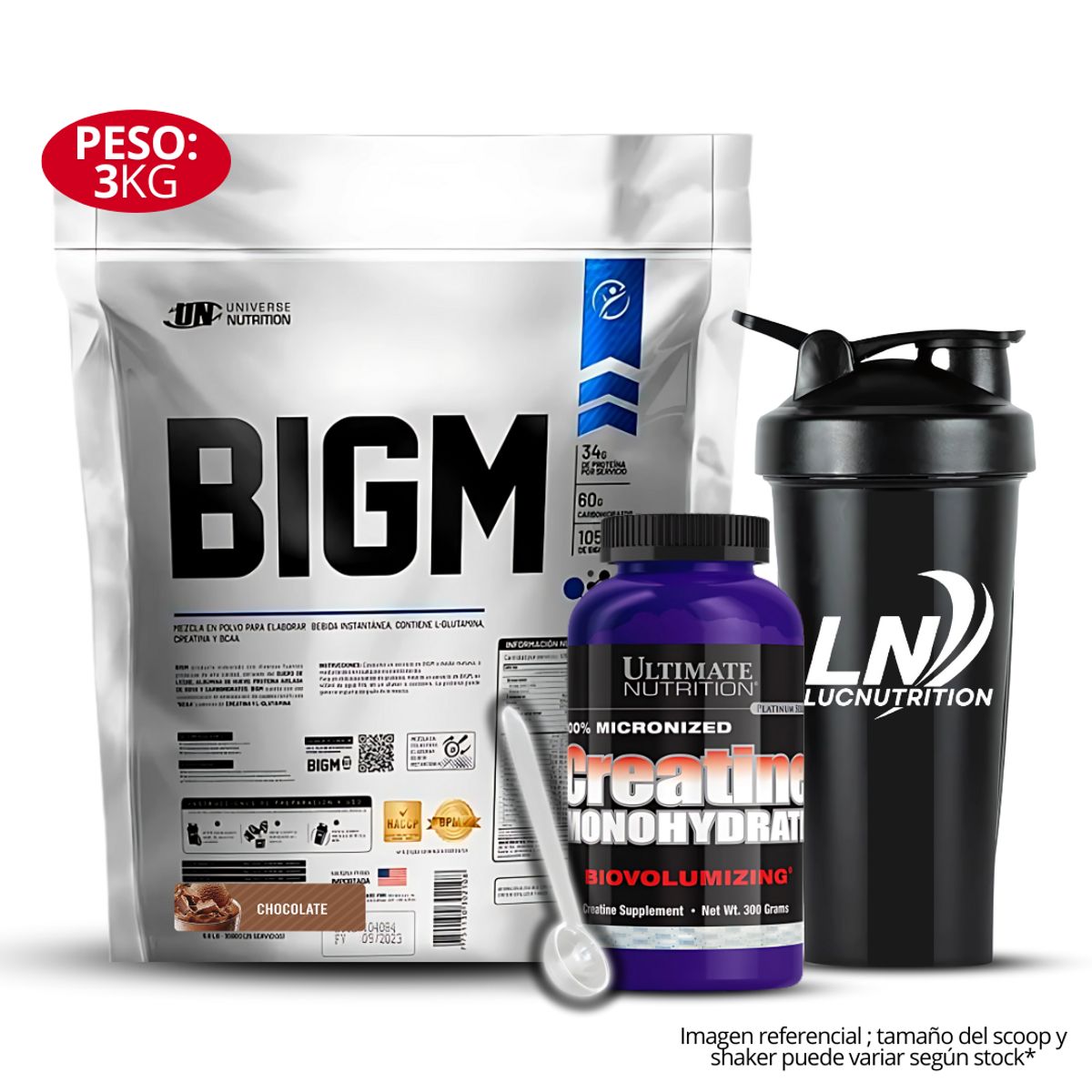 UNIVERSE NUTRITION - Bigm 3 kg Chocolate + Creatina Ultimate nutrition 300 gr Shaker Scoop