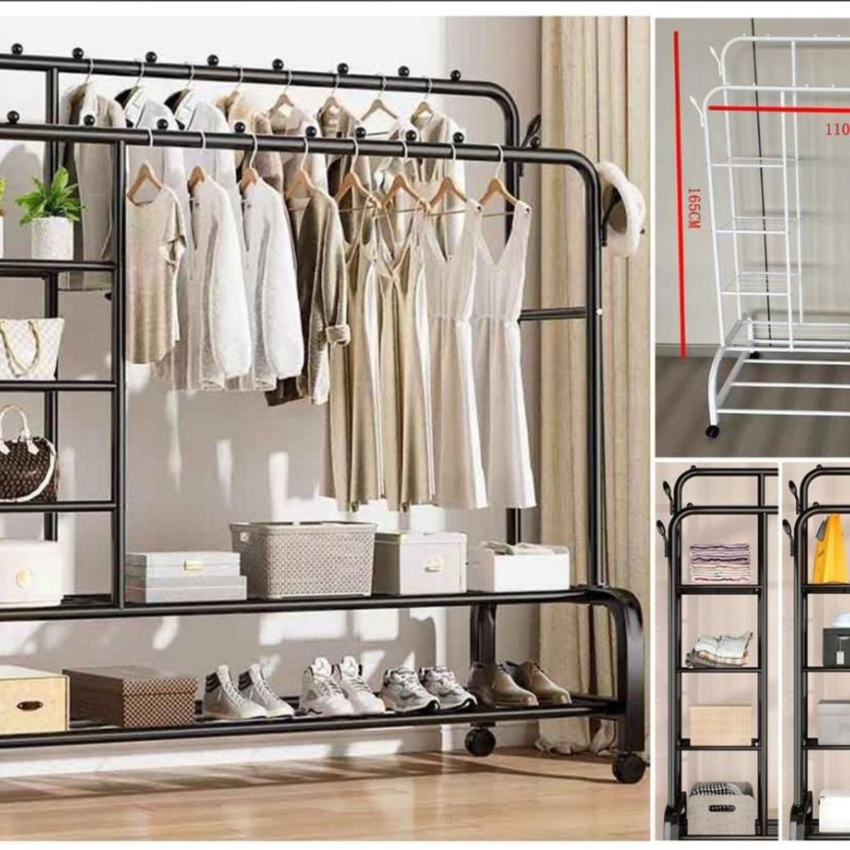 GENERICO - Perchero para Ropa de Doble Barra 3 en 1 con Ruedas y Estante