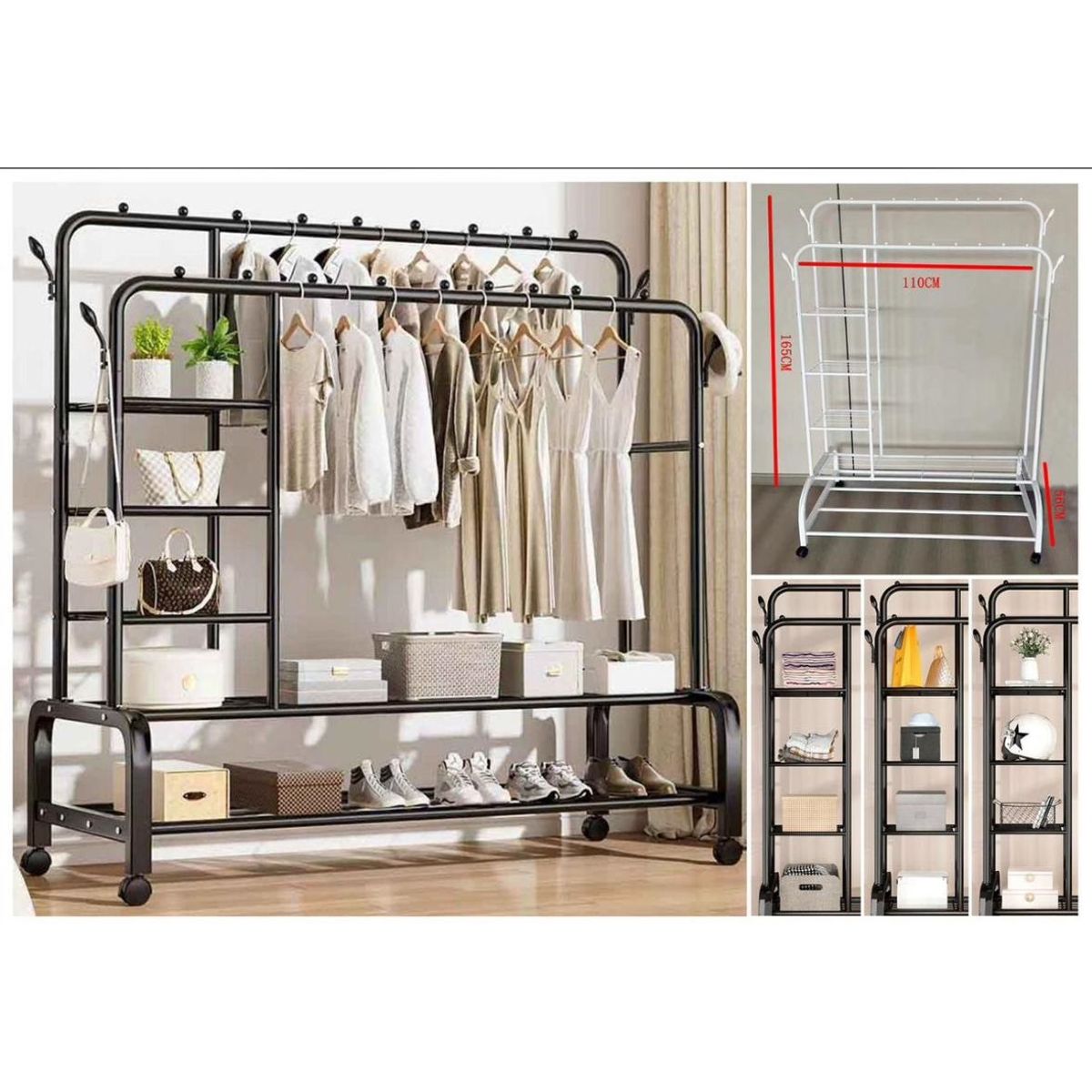 GENERICO - Perchero para Ropa de Doble Barra 3 en 1 con Ruedas y Estante